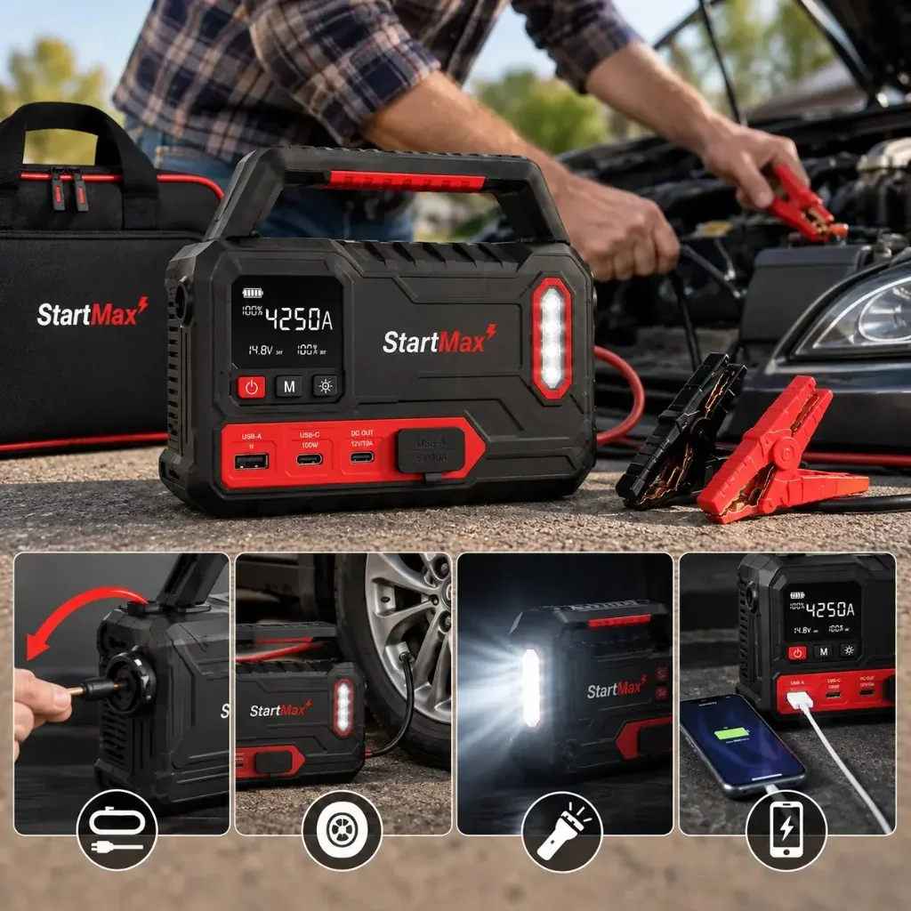 StartMax — cavi retrattili, compressore, torcia e power bank